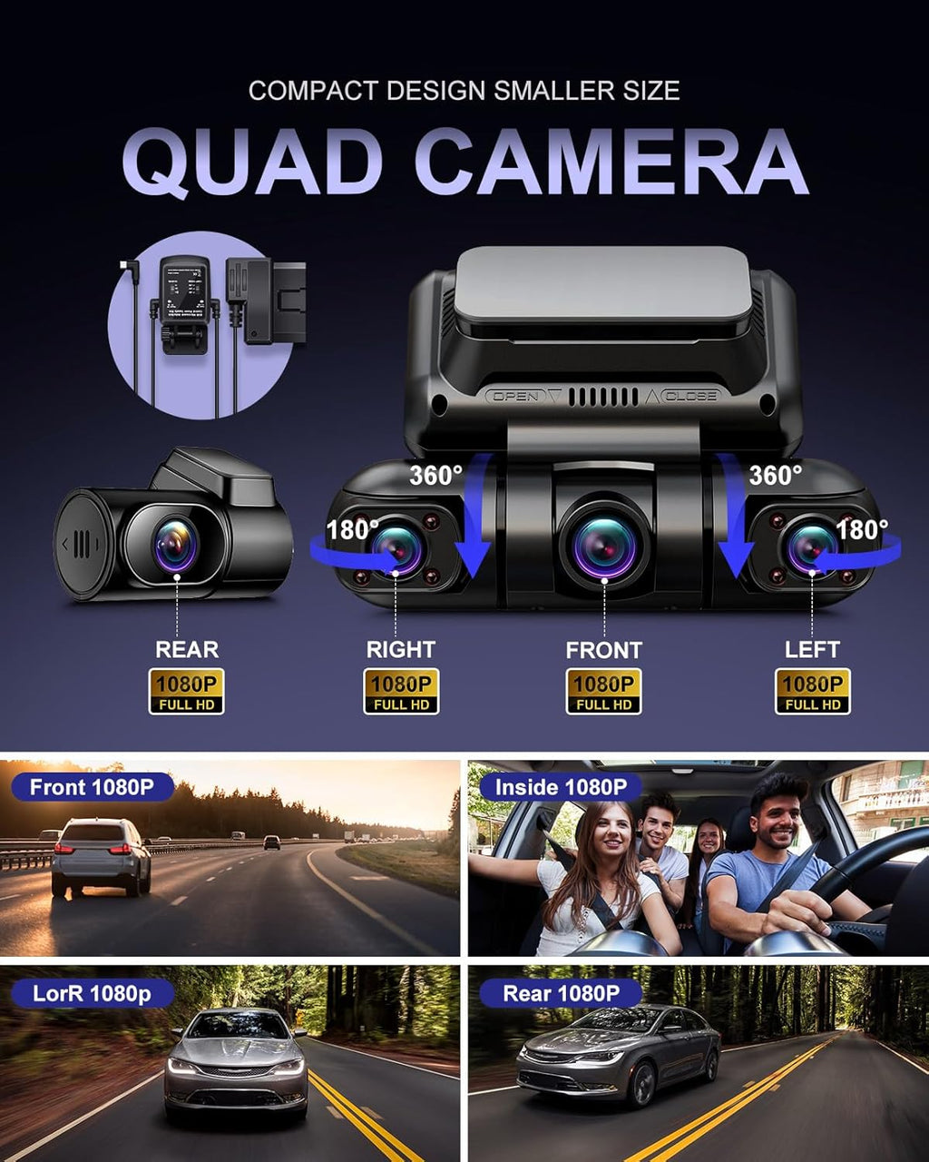 PRUVEEO Dash Cam 4 Channel Front Rear Inside Left Right, Built-in GPS WiFi, 128GB Card M4091