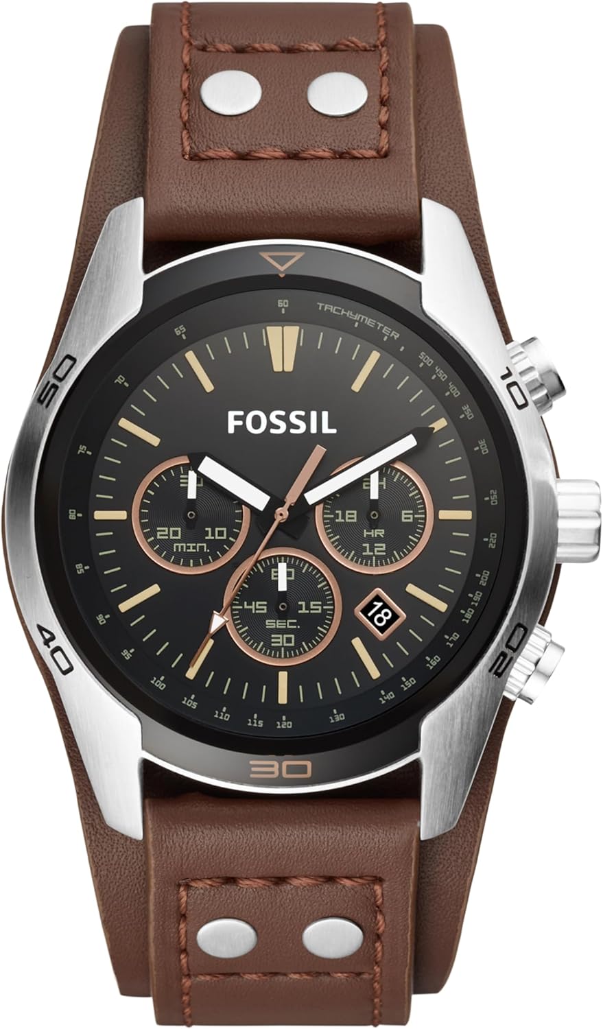 Fossil Men's Coachman Quartz Stainless Steel and Leather Chronograph Watch, Color: Silver, Brown (Model: CH2891)