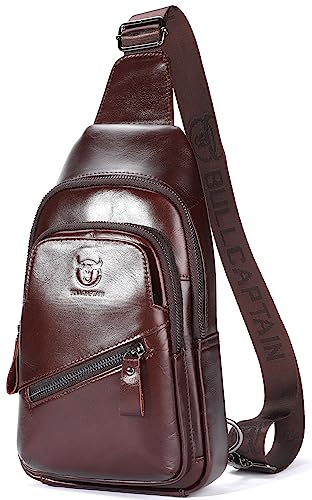 BULLCAPTAIN Leather Sling Chest Bag for Men Outdoor Hiking Travel Crossbody Bag Backpack with USB Charging Port