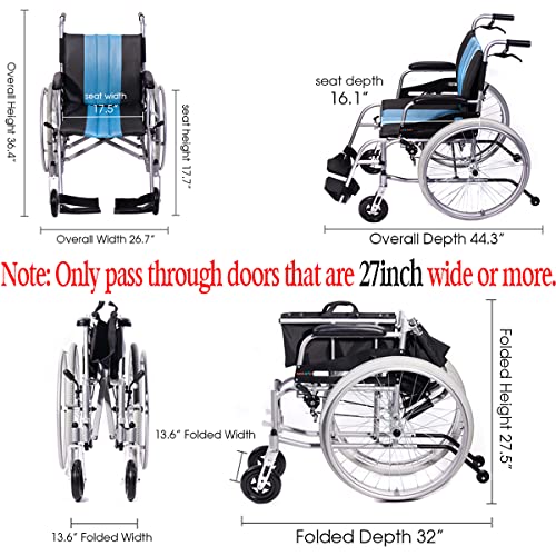 Lightweight Self-Propelled Wheelchair 21lbs with Travel Bag and Cushion, Blue I966872