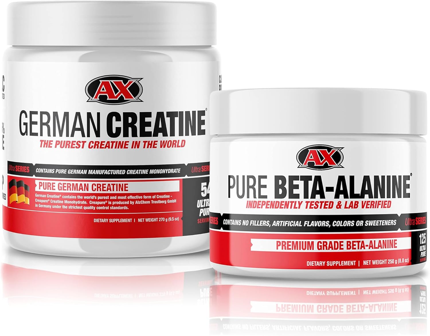 AX Pure Creapure, The Purest Creatine Monohydrate Available - 270g (54 Servings) | Micronized Creatine from Germany and AX Pure Beta Alanine Powder 250 Grams