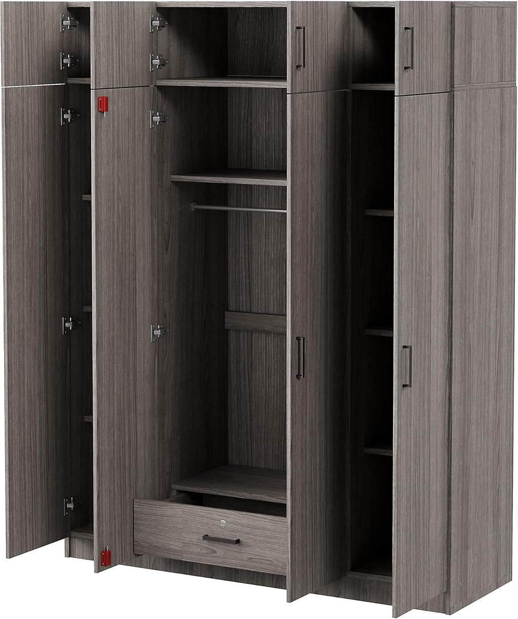 Modern 4-Door Wardrobe with Drawer, Wood High Cabinet Closet, Gray C380