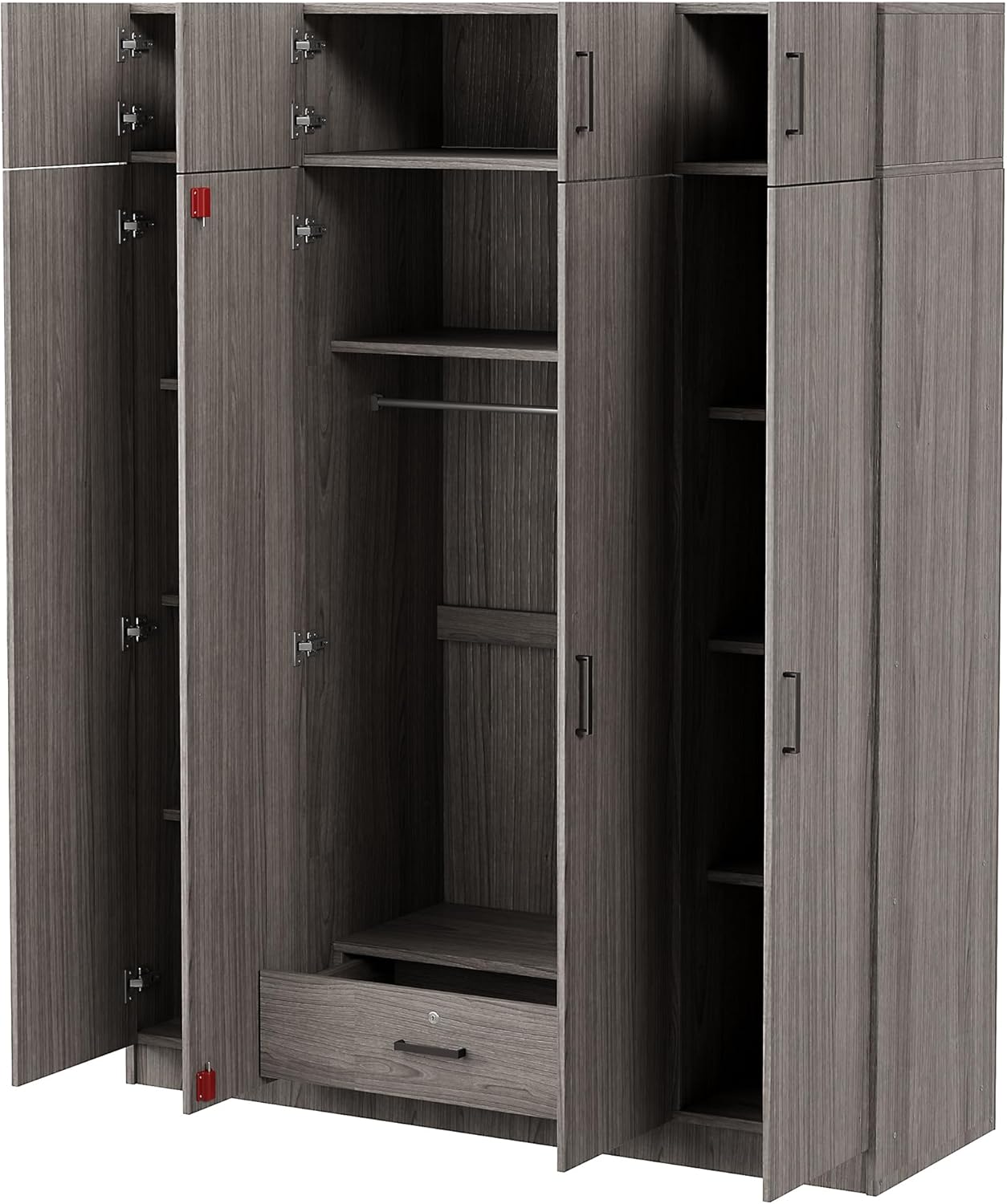 Modern 4-Door Wardrobe with Drawer, Wood High Cabinet Closet, Gray C380
