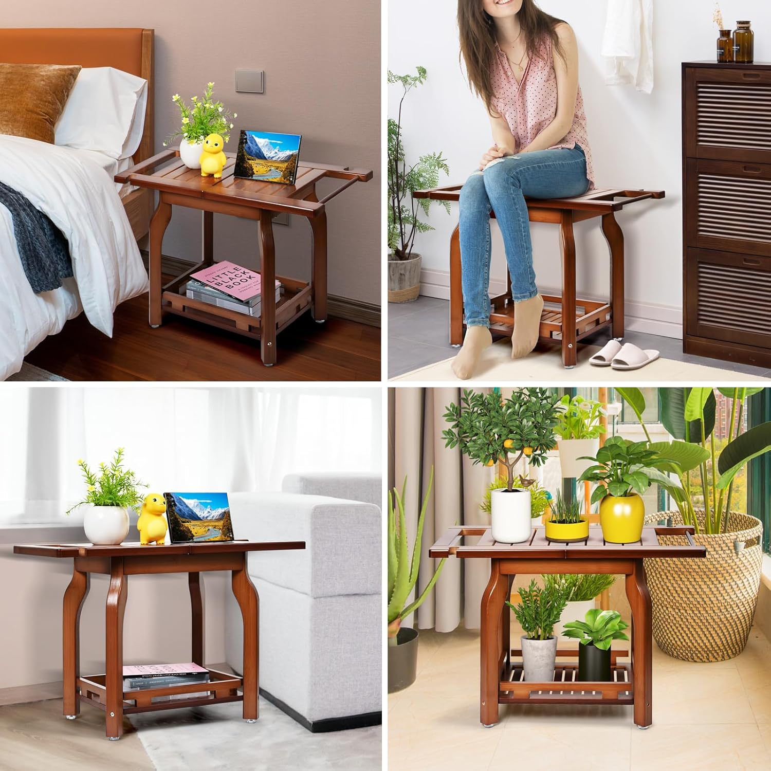 Ollieroo 2-Tier Bamboo Shower Chair with Storage Shelf for Bathroom H66314