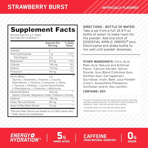 Optimum Nutrition Amino Energy Plus Electrolytes Stick Packs, Strawberry, 7 Count E944106