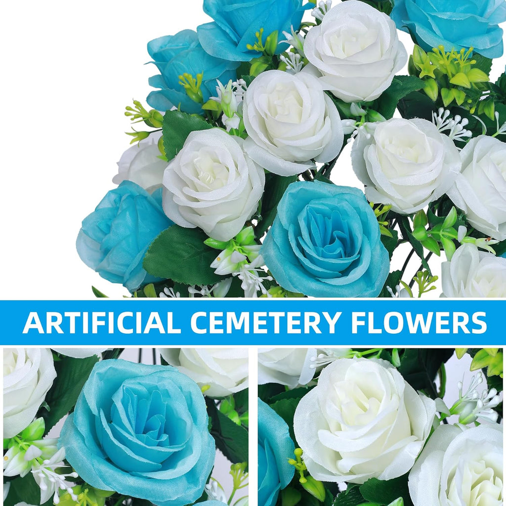 Artificial Silk Cemetery Flower Saddles with Vase for Headstone Decor (Light Blue, 2 Bouquets) Q566