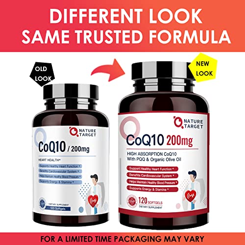 NATURE TARGET CoQ10 200mg Softgels with PQQ and Organic Olive Oil, 120 Servings G633