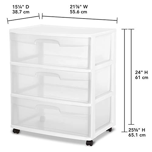 Sterilite Wide 3 Drawer Storage Cart, Plastic Rolling Cart with Wheels, White with Clear Drawers A596