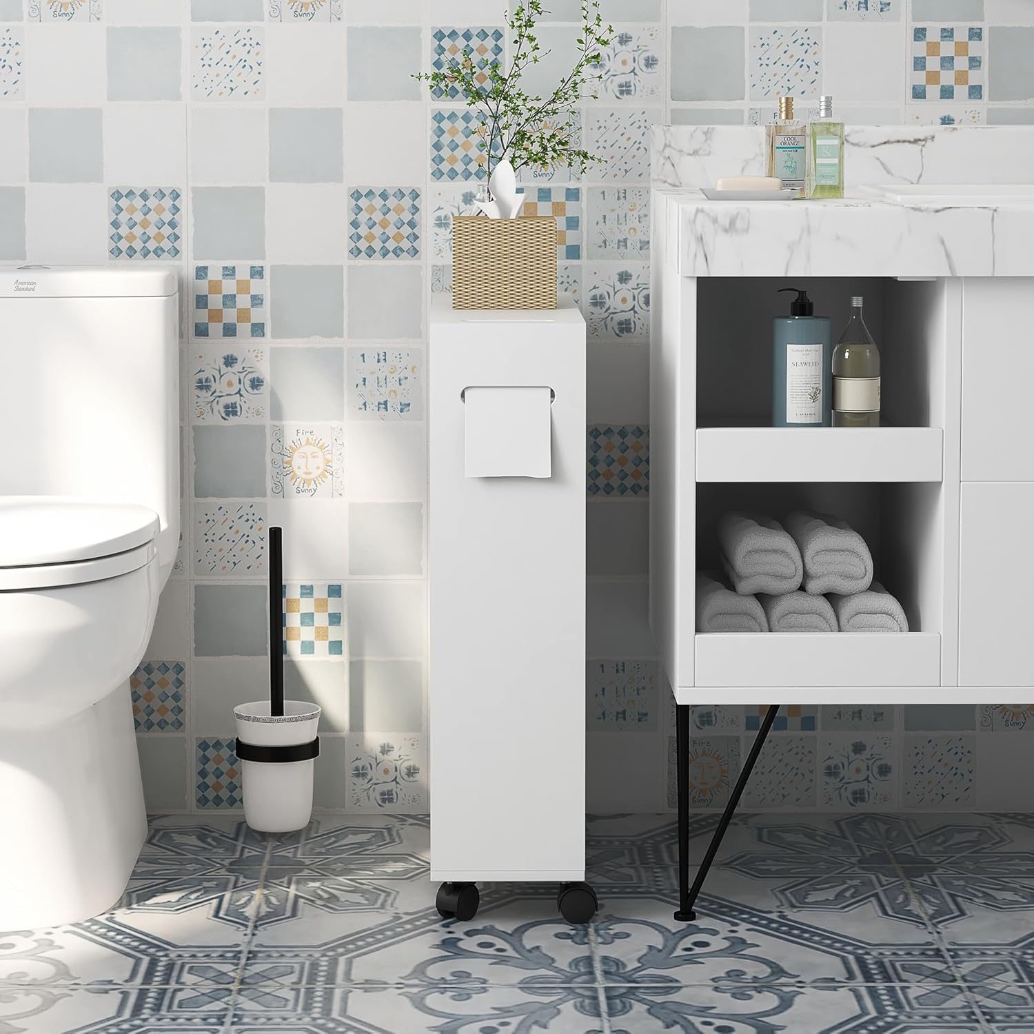 kleankin Toilet Paper Cabinet, Slim Bathroom Storage with Rolling Wheels, White K6711