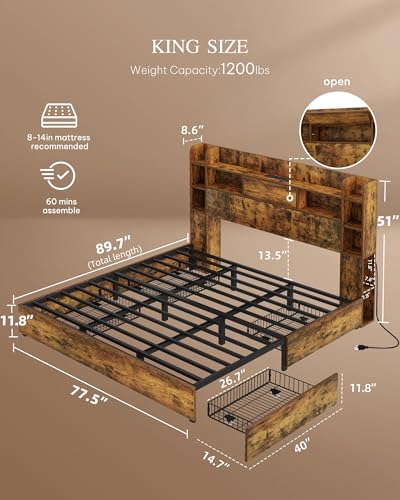 YITAHOME Queen Bed Frame with Bookcase Headboard and 4 Storage Drawers, Black L762695