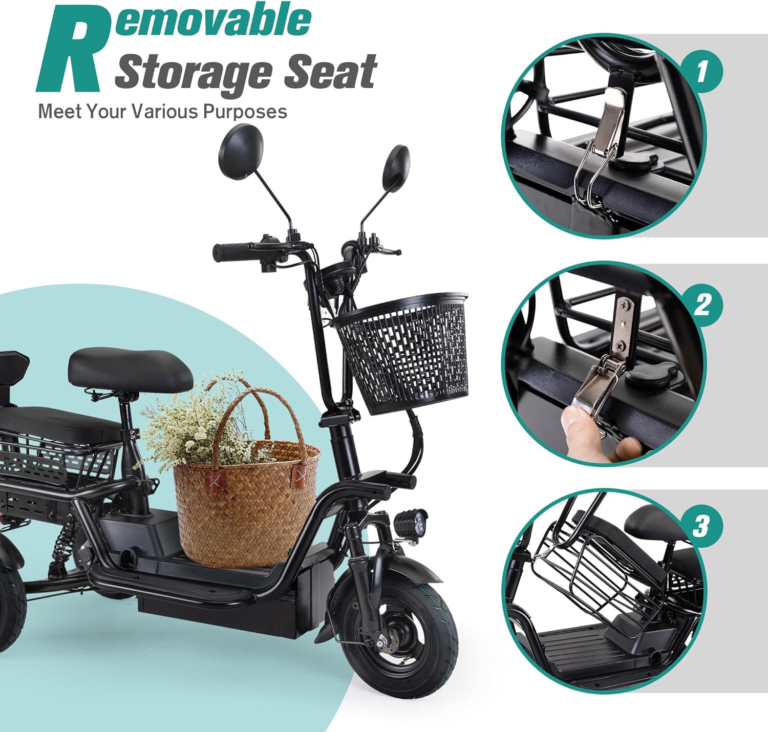 Foldable Electric Tricycle for Adults with 3 Seats, 48V 400W, Black N832848