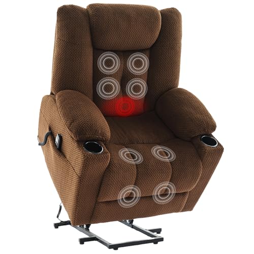 Dual Motor Power Lift Recliner for Elderly, Electric Reclining Chair with Massage and Heat, Single Sofa with USB Ports, Cup Holders, Side Pockets for Living Room Bedroom (Brown)