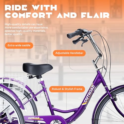 Adult Tricycle with Large Basket 24/26 Inch, 7-Speed 3-Wheel Bike I7207