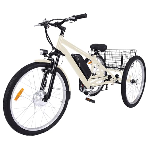 Electric Tricycle for Adults 24"&26" 3 Wheel Mountain Electric Bicycle with Basket, 350W Powerful Motor, 36V Detachable Battery, 7 Speed Fat Tires Electric Trike