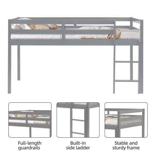 Twin Loft Bed for Kids with Ladders and Guard Rails, Solid Wood, Grey E9115