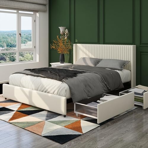 Queen Size Linen Upholstered Platform Bed Frame with 4 Storage Drawers and Wingback Headboard, Wooden Slat Mattress Support, No Box Spring Needed, Grey