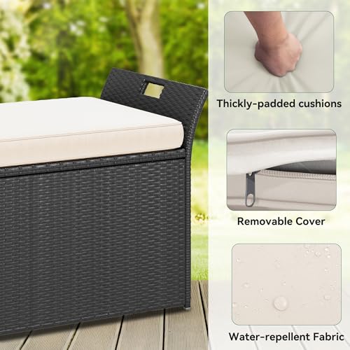 YITAHOME 90 Gallon Outdoor Wicker Storage Bench with Cushion, Black & Beige K940826