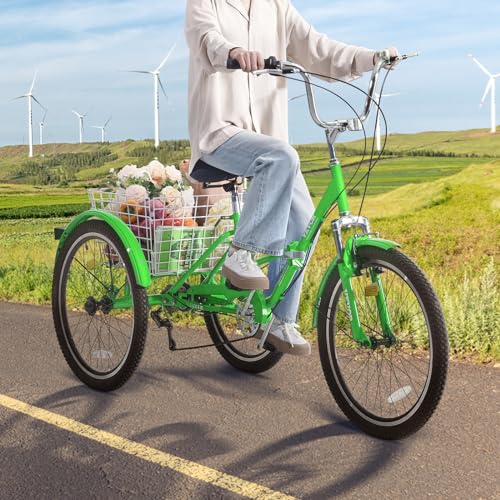 VEVOR Folding Adult Tricycle 24-Inch 3 Wheel Cruiser Bike with Basket, Green Z765777