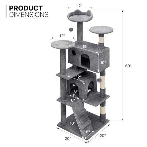 MoNiBloom Cat Tree 60 Inch with 2 Cat Condos, Scratching Post, Smoky Grey U3835