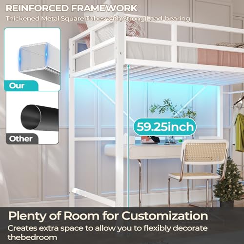 DICTAC Twin Loft Bed with Ladder and Guardrail, LED Lights, White B3802