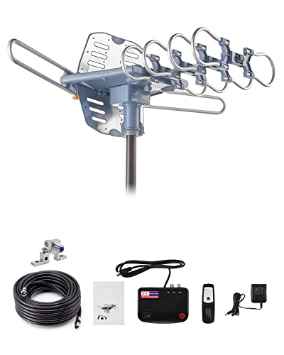 Outdoor TV Antenna,Digital Amplified HDTV Antenna & 60 ft RG6 Coax Cable,150 Miles Long Range Wireless Remote 360 Degree Rotation Support 4K 1080P 2 TVs