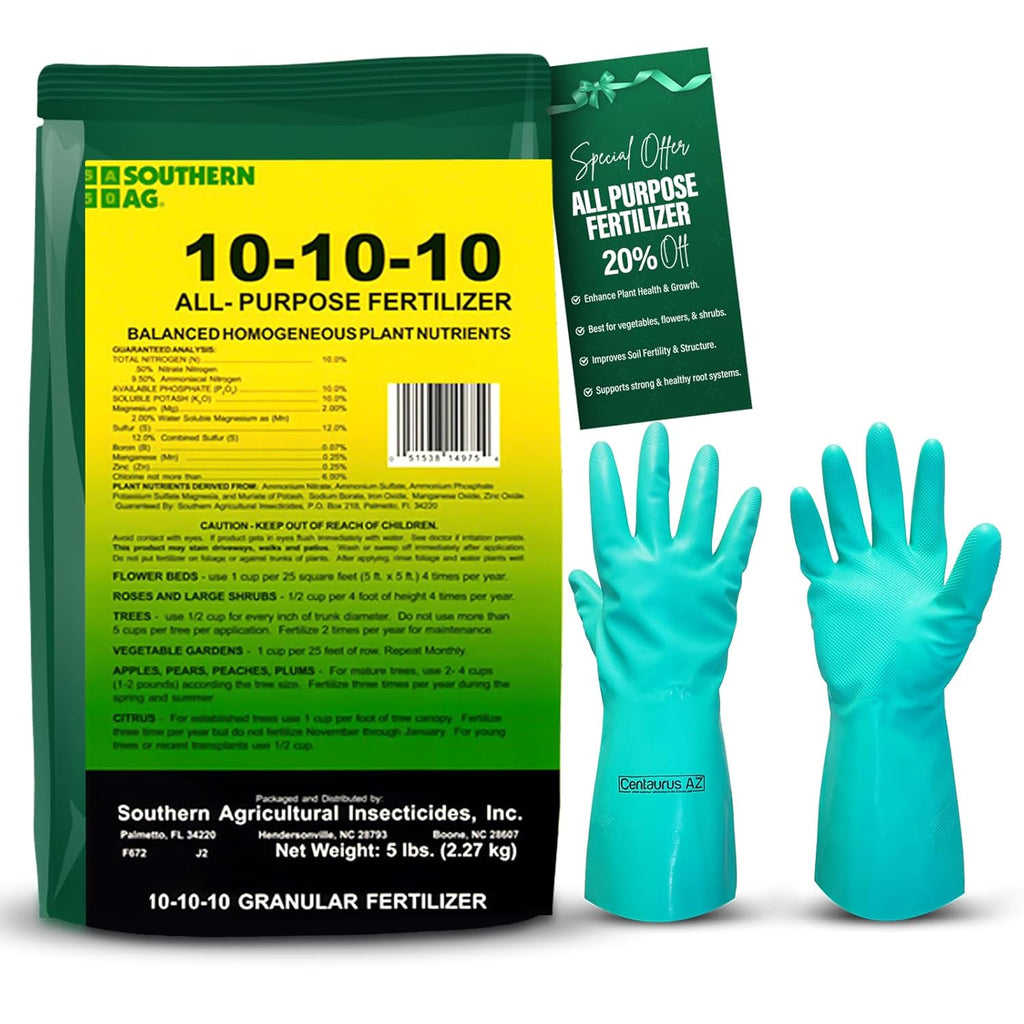 Southern Ag Fertilizer 10-10-10 - Fertilizer for vegetable garden & Flowerbed Roses & Large Shrubs Fruit Trees- All-purpose Granular Fertilizer- Available with Premium Quality Centaurus AZ Gloves-5LB