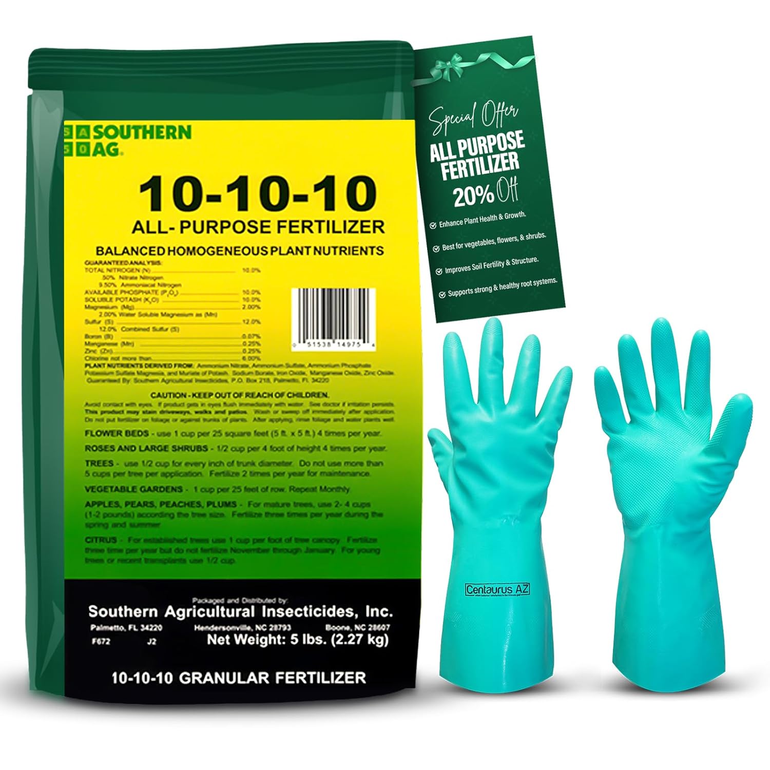 Southern Ag Fertilizer 10-10-10 - Fertilizer for vegetable garden & Flowerbed Roses & Large Shrubs Fruit Trees- All-purpose Granular Fertilizer- Available with Premium Quality Centaurus AZ Gloves-5LB
