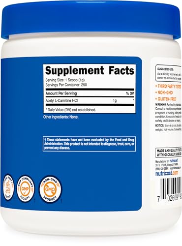 Nutricost Acetyl L-Carnitine (ALCAR) Powder, 250 Grams B99596