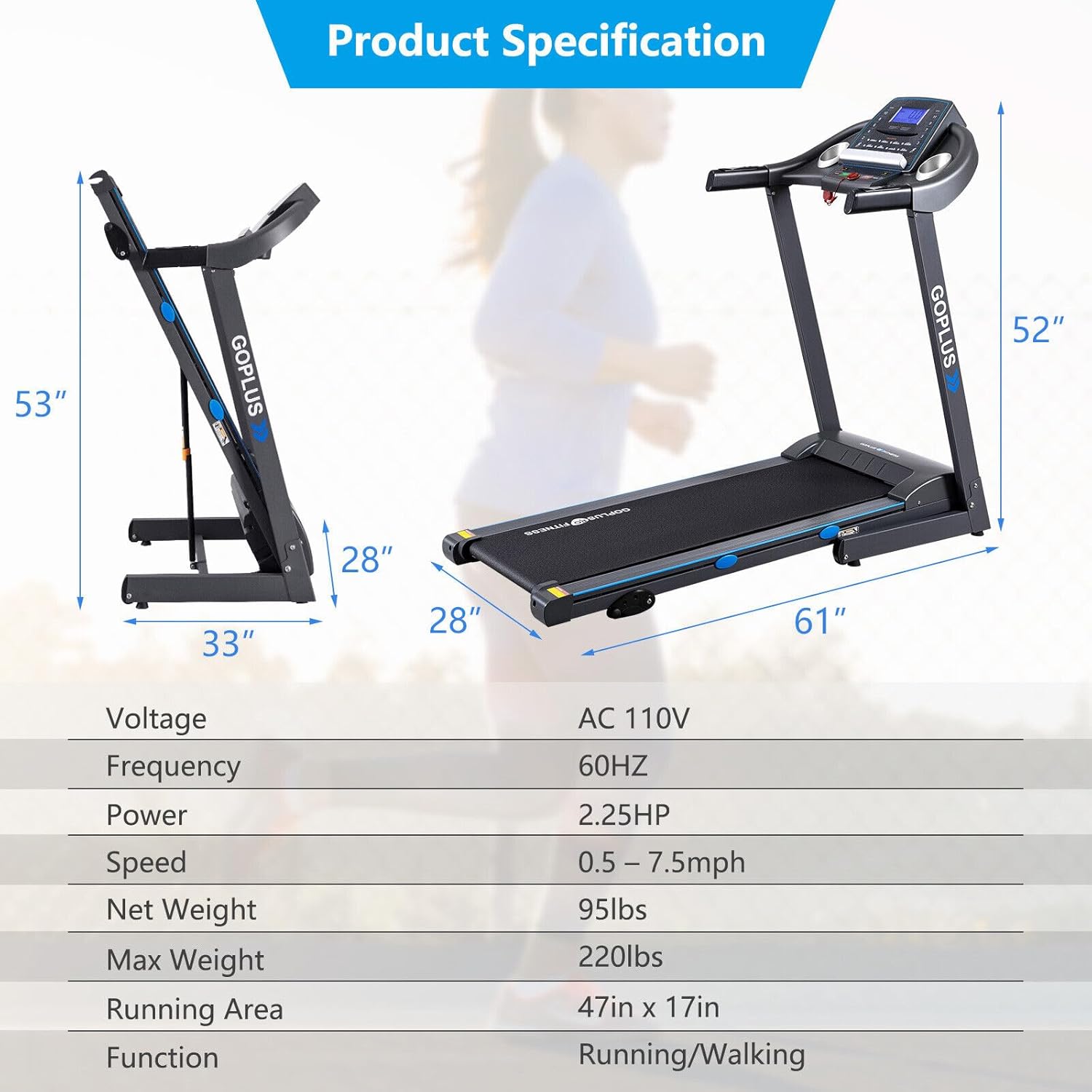 Goplus 2.25HP Folding Treadmill with Incline, Electric Walking Running Machine K607