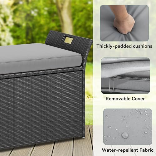 YITAHOME 90 Gallon Outdoor Wicker Storage Bench with Cushion, Black & Beige K940826