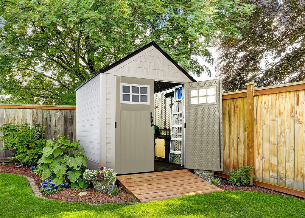 Rubbermaid Resin Outdoor Storage Shed with Floor, 7 x 7 Ft, Beige/Brown Q789479