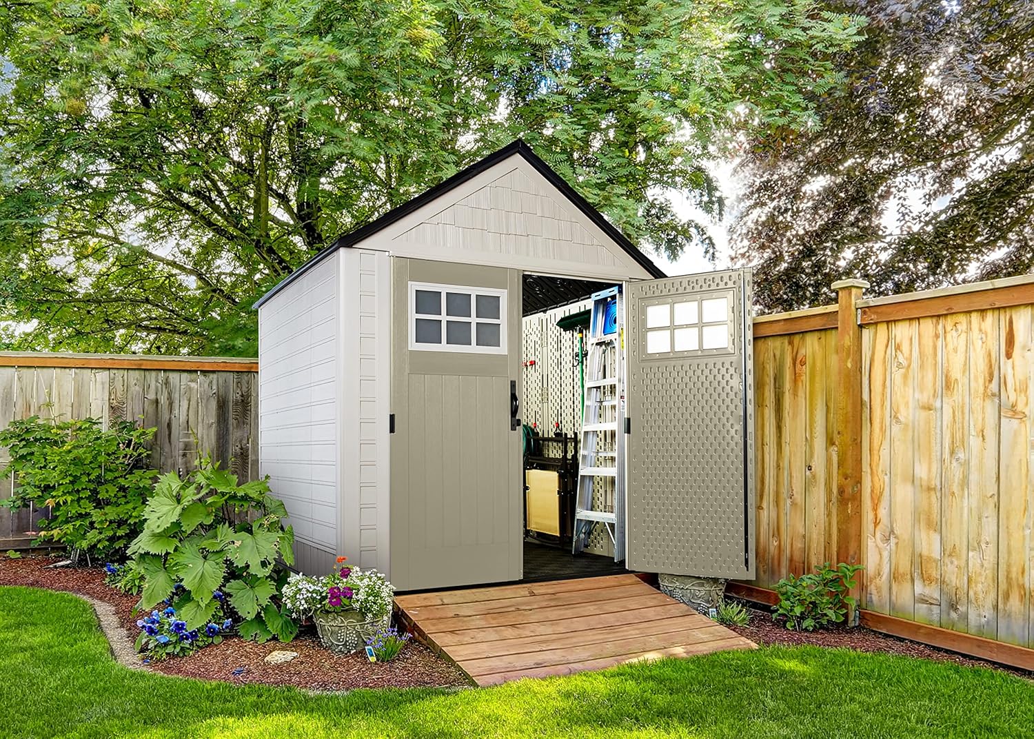Rubbermaid Resin Outdoor Storage Shed with Floor, 7 x 7 Ft, Beige/Brown Q789479