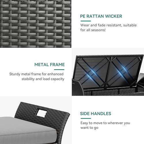 YITAHOME 90 Gallon Outdoor Wicker Storage Bench with Cushion, Black & Beige K940826