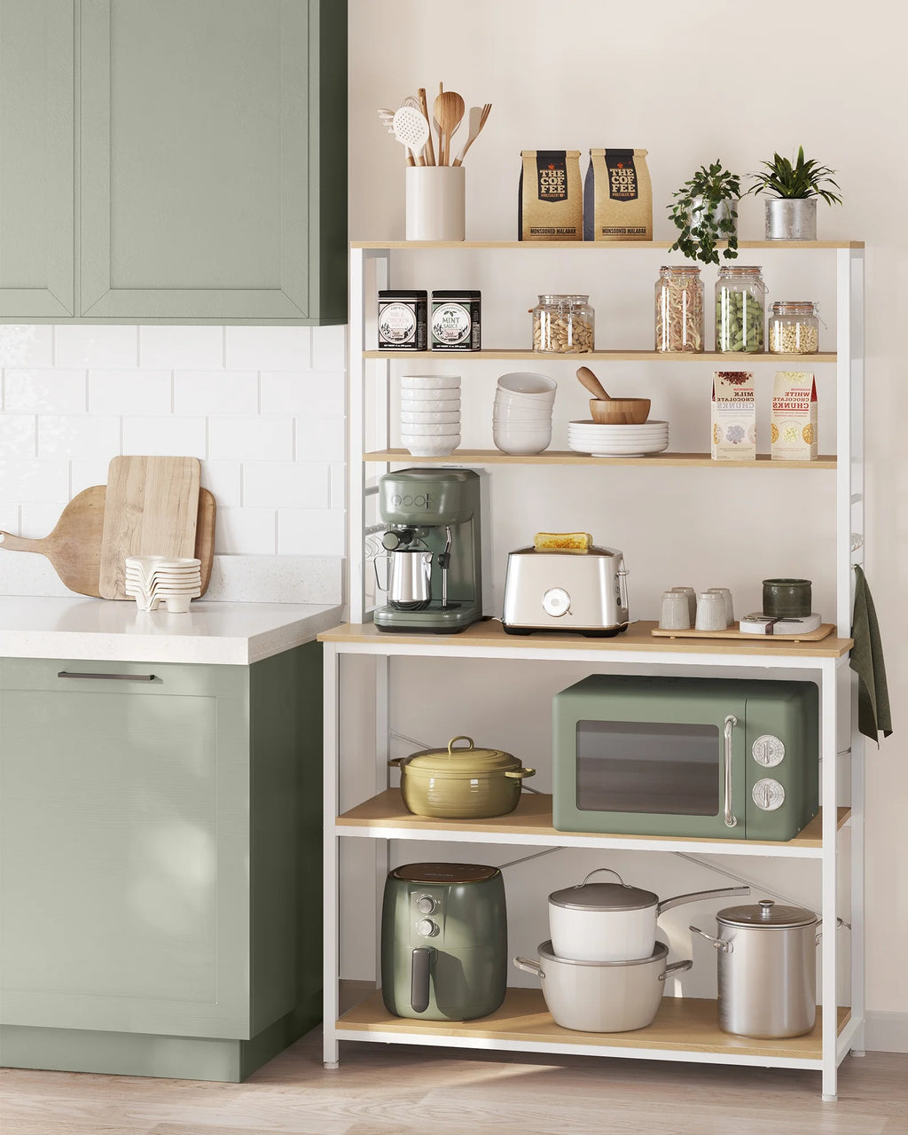 VASAGLE Coffee Bar Kitchen Baker’s Rack with Storage Shelf and 6 Hooks, Oak and White X692914