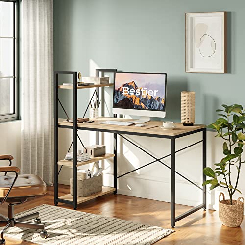 Bestier Computer Desk with Shelves - 47 Inch Home Office Desk with Bookshelf, Grained Black E5808