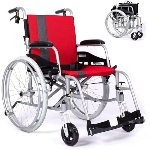 Magnesium Lightweight Wheelchair - 21lbs Self propelled Chair with Travel Bag and Cushion, Portable and Folding 17.5” W Seat, Park & Brake Anti Tipper, Swing Away Footrests, Ultra Light, Red
