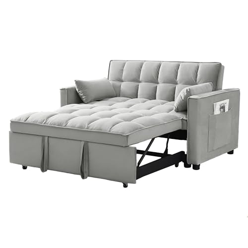Homtique Pull Out Sleeper Sofa Bed, 55" Tufted Velvet Convertible Loveseat Futon Sofa with 3 in 1 Pullout Bed, Adjustable Backrest w/Lumbar Pillows Side Pockets for Living Room, Bedroom,Black