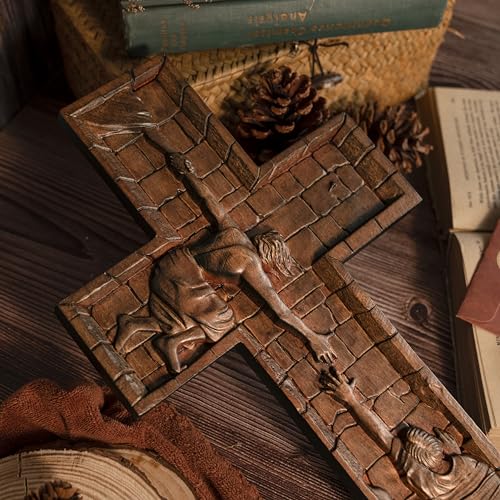 BGCOPPER Crucifix Wall Cross Handmade Wooden with Hook, Christian Wall Art, 14 Inch L40287