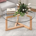 ON-TREND Round Glass Coffee Table Modern Cocktail Table Easy Assembly with Tempered Glass Top & Sturdy Wood Base, Natural (OLD SKU: WF190112AAL)