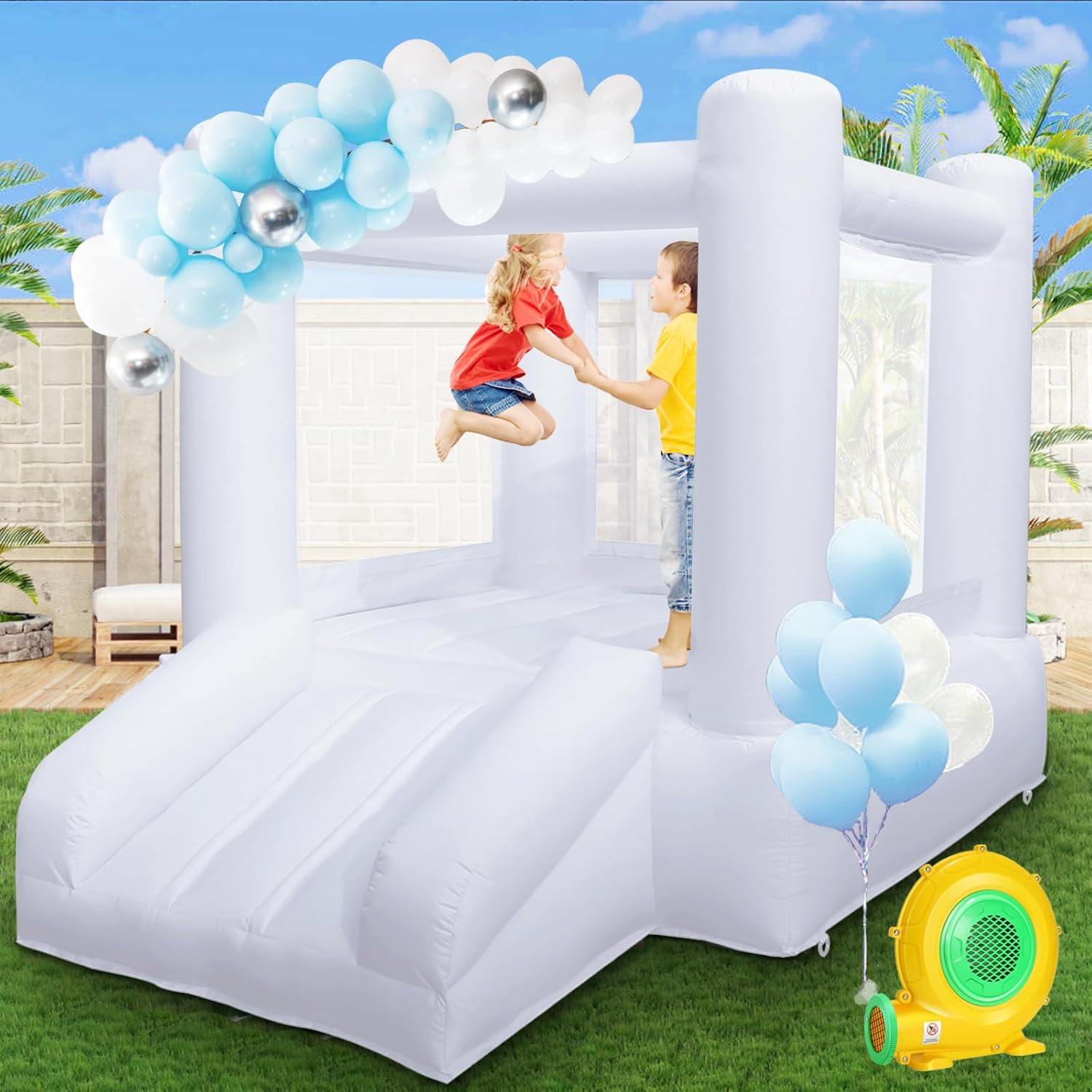 Small White Bounce House with Slide, Mini Indoor Bounce House Castle for Kids Aged 2-6, Outdoor Inflatable Jump House with UL Blower for Family Backyard Toddler Birthday Party
