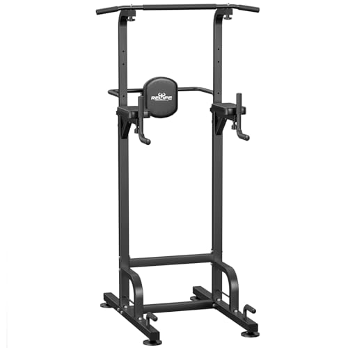 RELIFE REBUILD YOUR LIFE Power Tower Pull Up Bar Station Workout Dip Station for Home Gym Strength Training Fitness Equipment Newer Version,450LBS.