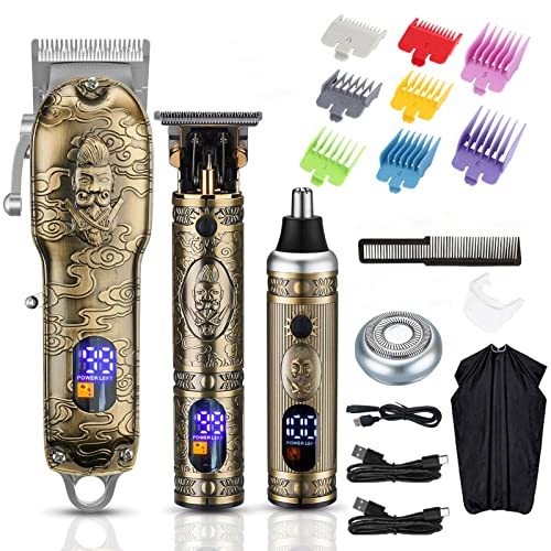 Professional Hair Clippers for Men,Hair Clippers+T-Blade Trimmer+Electric Shaver+Nose Hair Trimmer Set,4 in 1 Cordless Barber Hair Cutting Kit LCD Display Gifts (Gray)