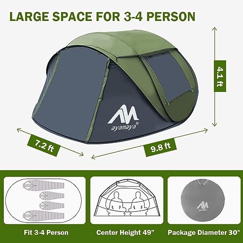 4 Person Pop Up Tent for Camping - AYAMAYA Waterproof Instant Family Tent with Skylight and Removable Rainfly I990