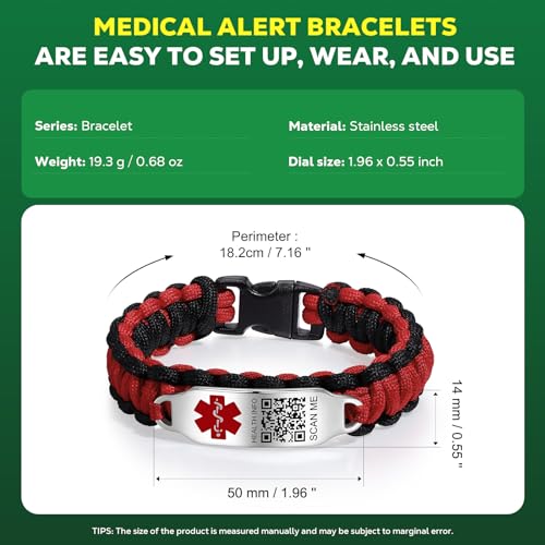 Medical Alert ID Bracelet with QR Code - Nylon Waterproof Wristband for Men Women R5076