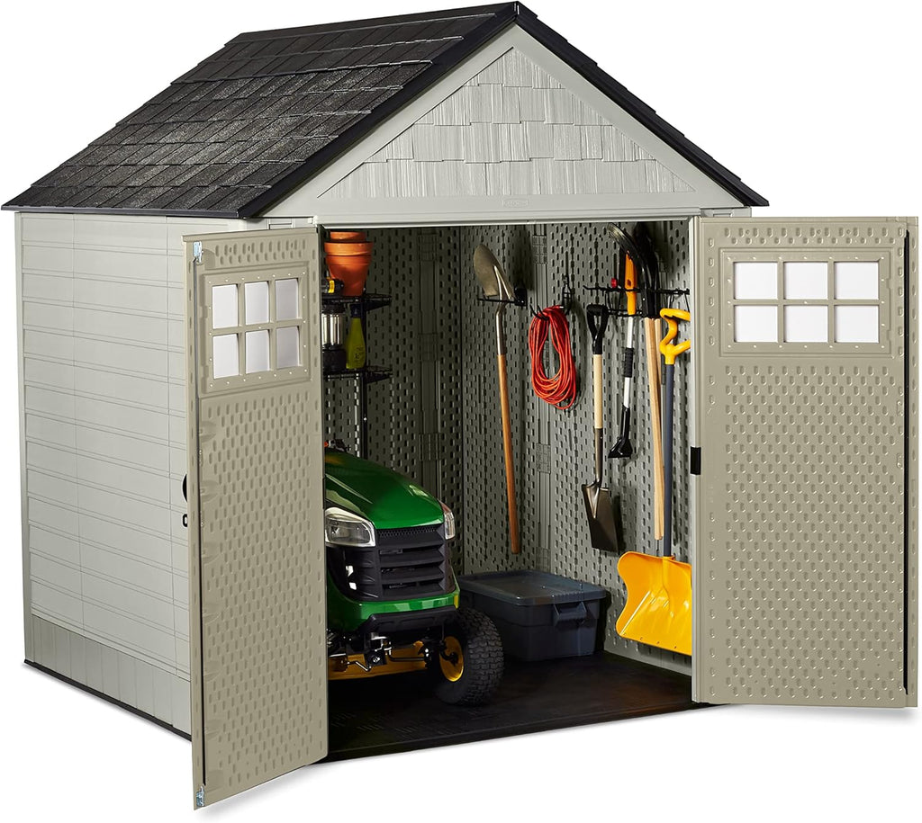 Rubbermaid Resin Outdoor Storage Shed with Floor, 7 x 7 Ft, Beige/Brown Q789479