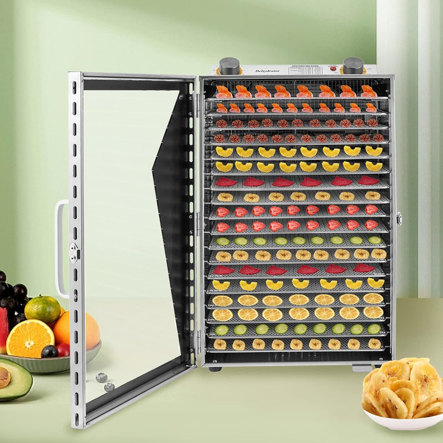 Food Dehydrator with 18 Stainless Steel Trays, Adjustable Timer and Temperature Control F933591