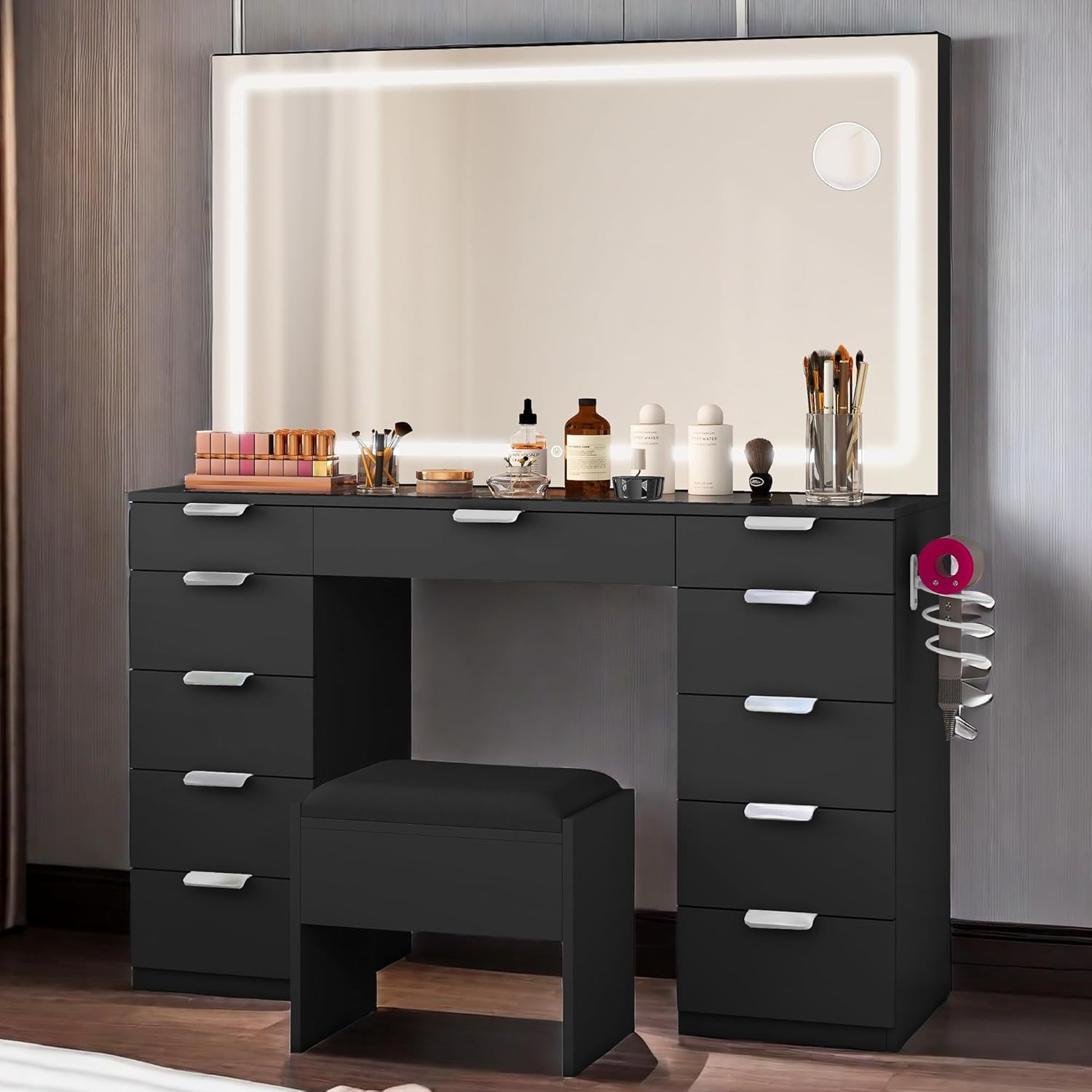 YITAHOME Vanity Desk with Large LED Mirror, Charging Station, 11 Drawers, Makeup Vanity with Tempered Glass Top, Storage Bench, 3-Color Adjustable Lighting, Black