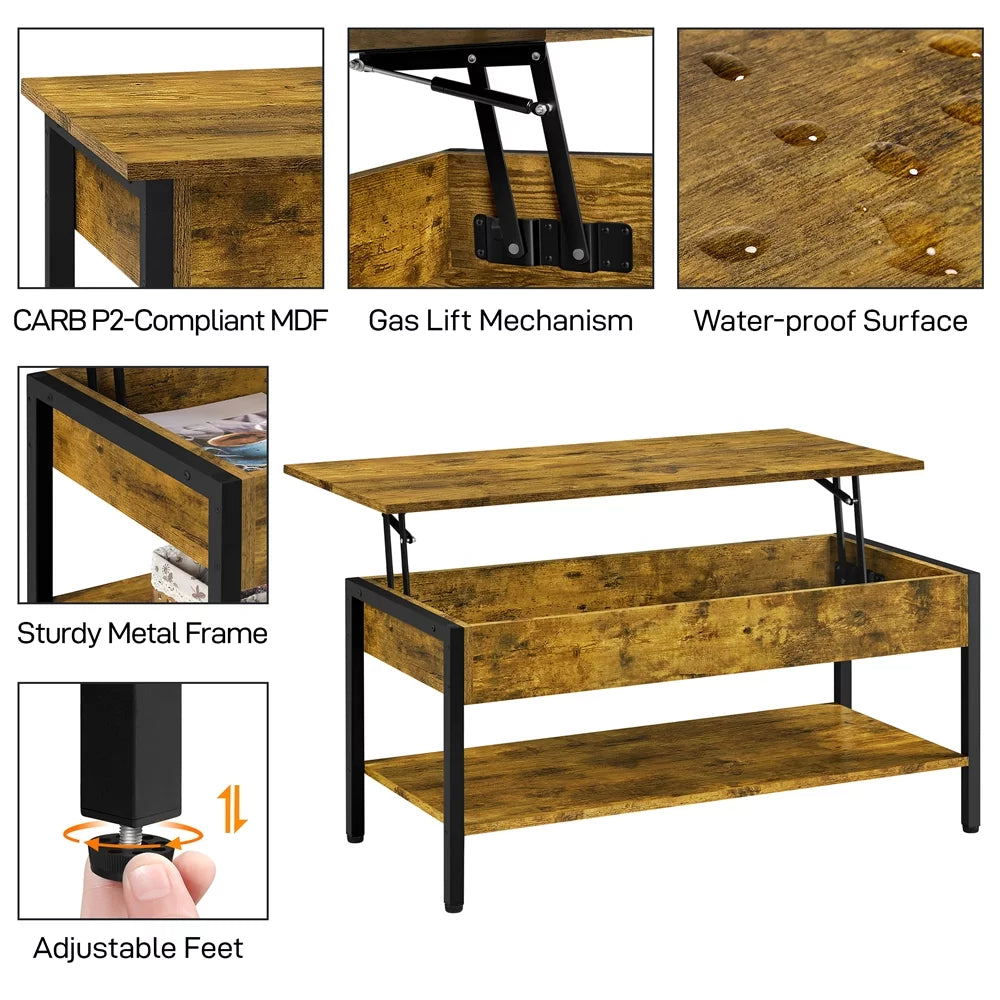 Alden Design Wood Lift Top Coffee Table with Hidden Compartment, Rustic Brown R562