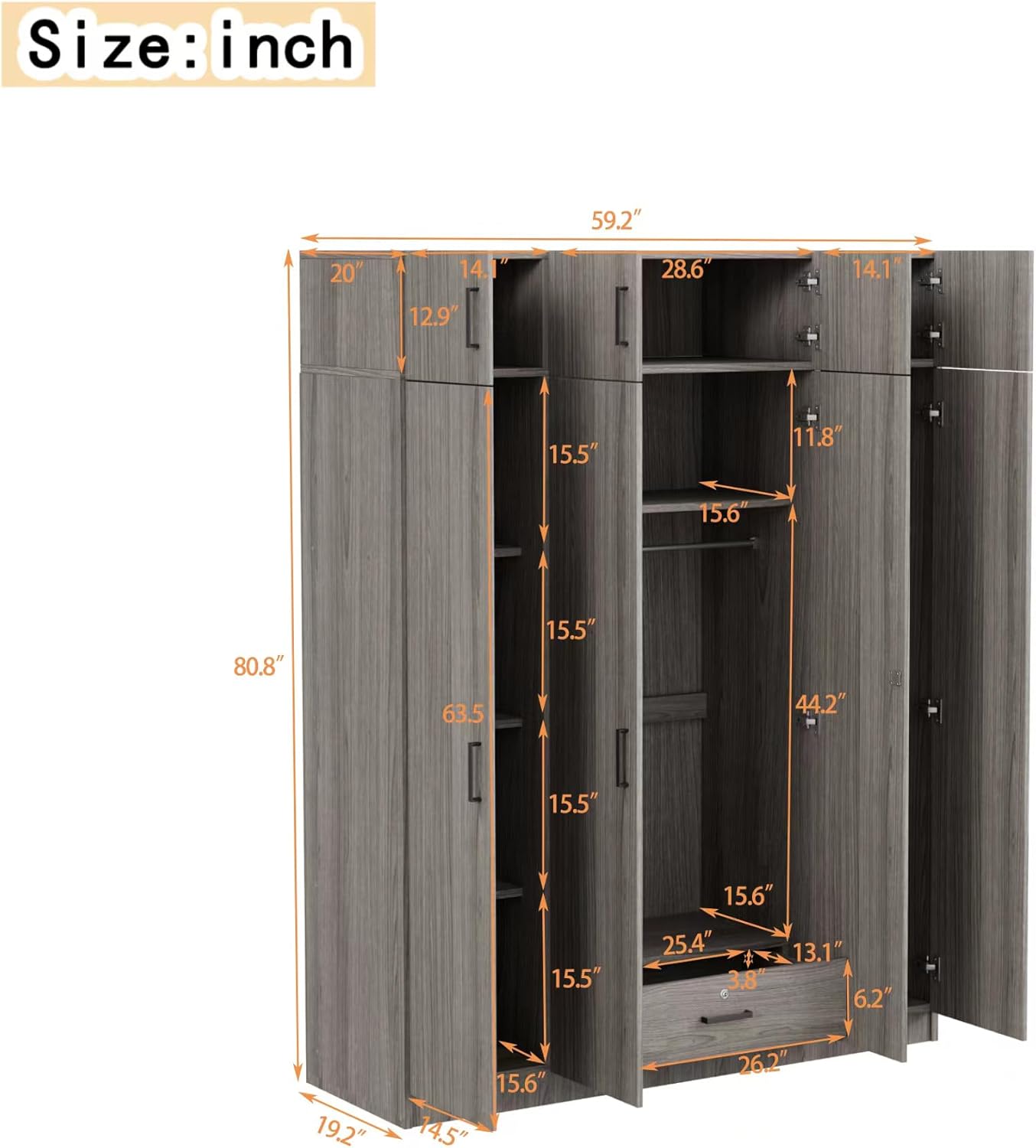Modern 4-Door Wardrobe with Drawer, Wood High Cabinet Closet, Gray C380