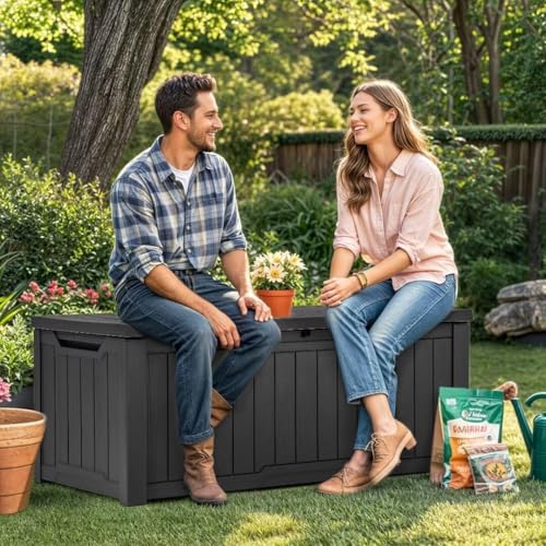 YITAHOME Outdoor Storage Box with Cushion, 120 Gallon, Lockable, Light Brown O374
